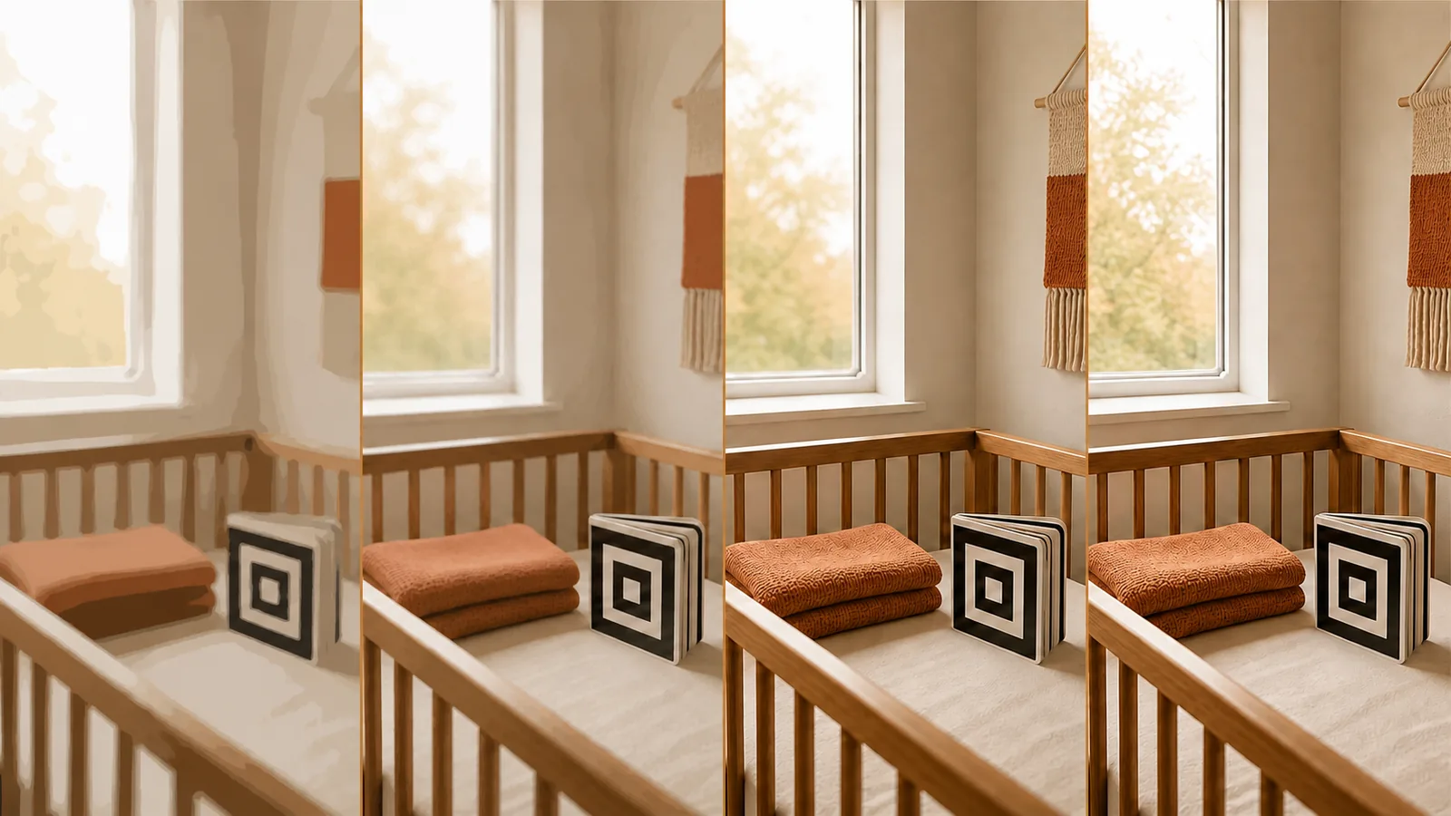 The same nursery corner, becoming clearer across the first year.