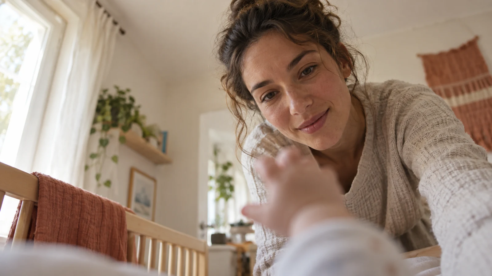 A parent leaning over a cot and meeting their baby’s gaze, seen from the baby’s point of view.